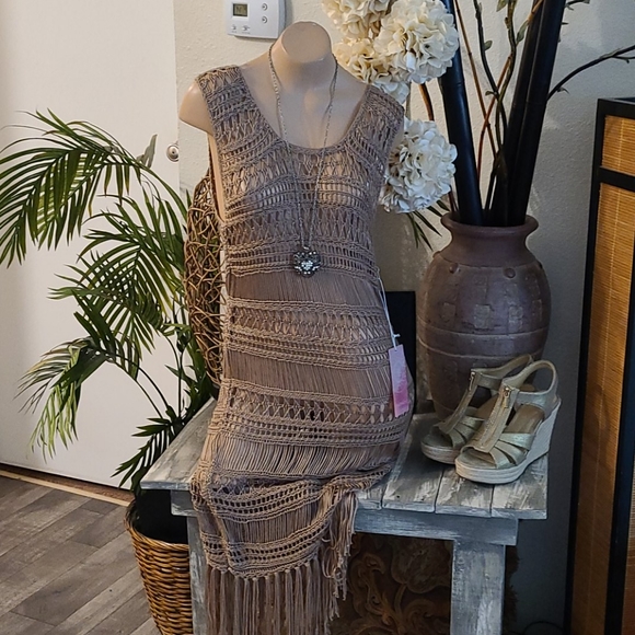 NWT BO HO CROCHET BEIGE UNIQUE LONG DRESS COVERUP - Picture 3 of 16